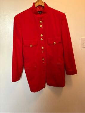 Vintage Escada Vibrant Red Military-Style Blazer with Gold Buttons
